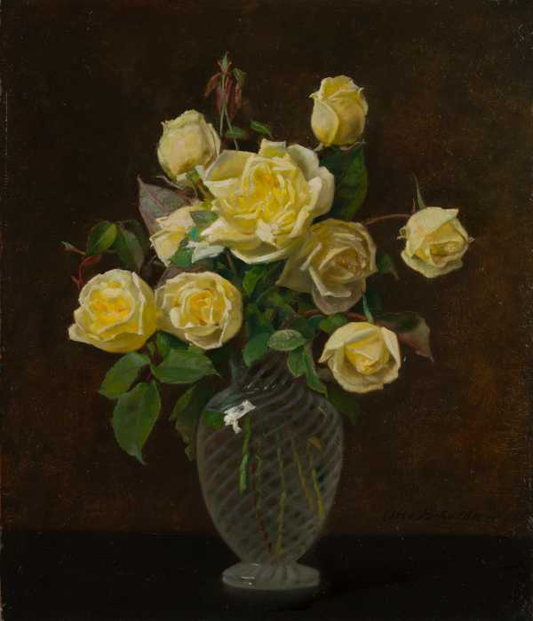 Maréchal – Niel Rosen in einer Glasvase (Maréchal – Niel Roses in a Glass Vase)  after 1871